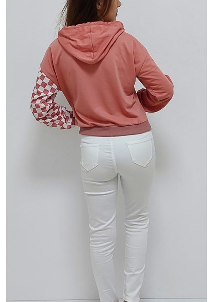 Kapüşonlu Kare Desenli Sweatshirt Pudra