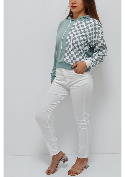 Kapüşonlu Kare Desenli Sweatshirt Mint