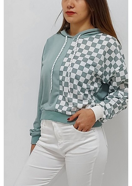 Kapüşonlu Kare Desenli Sweatshirt Mint