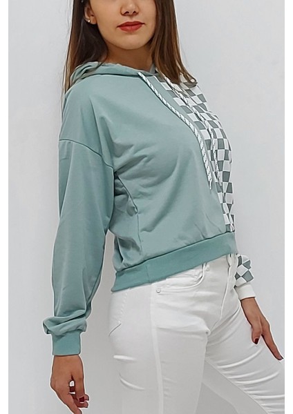 Kapüşonlu Kare Desenli Sweatshirt Mint