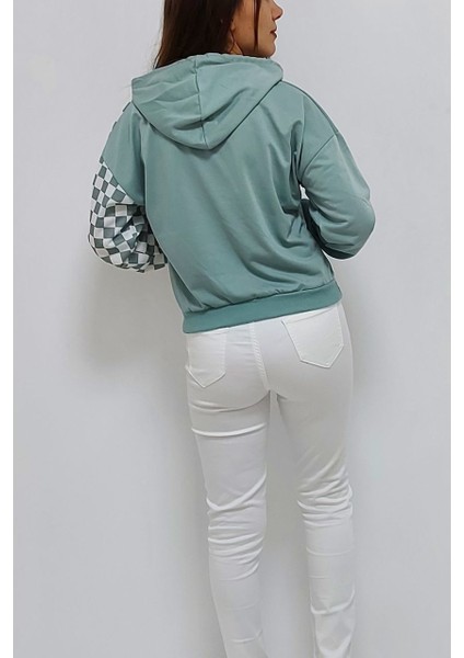 Kapüşonlu Kare Desenli Sweatshirt Mint