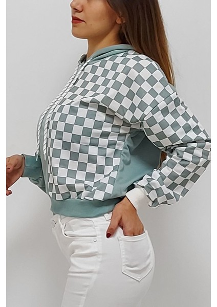 Kapüşonlu Kare Desenli Sweatshirt Mint