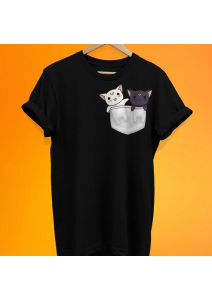 Kedi Cep Baskılı %100 Pamuk Oversize T-Shirt Büyük Beden Tişört