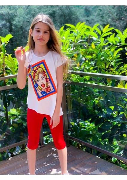 Kız Çocuk Pop Art Baskılı Oversize Bluz Renkli Tayt Ikili Takım
