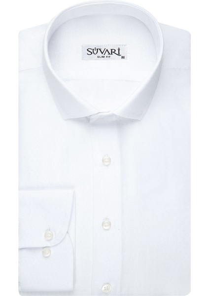 Slim Fit Armür Desenli Beyaz Erkek Gömlek