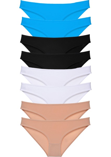 8 Adet Süper Eko Set Likralı Kadın Slip Külot Siyah Ten Beyaz Mavi