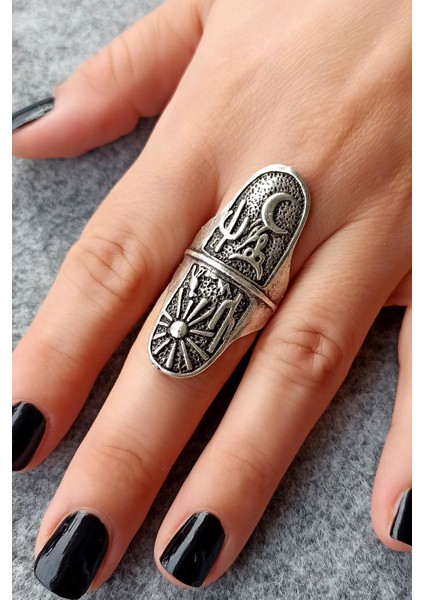 Antik Gümüş Kaplama Çöl Kaktüs Güneş Şekilli El Yapımı Ayarlanabilir Yüzük