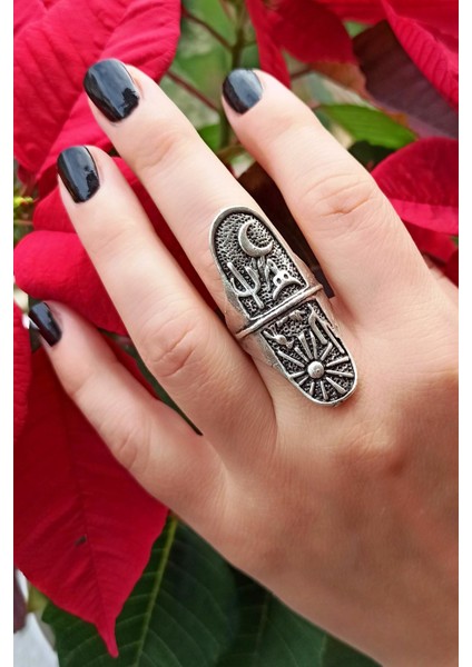 Antik Gümüş Kaplama Çöl Kaktüs Güneş Şekilli El Yapımı Ayarlanabilir Yüzük fiyatları