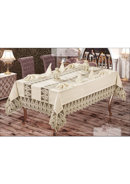 Inci 12 Peçeteli Kadife Kumaş Fransız Güpürlü 25 Parça 160X220 cm Lüks Yemek Takımı