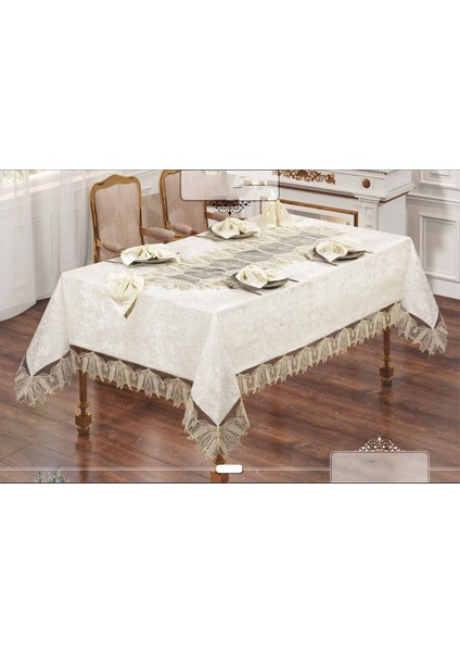 Cemre 12 Peçeteli Kadife Kumaş Fransız Güpürlü 25 Parça Lüks Yemek Takımı