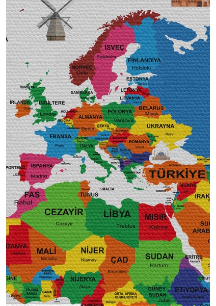 Duvar Örtüsü / Halısı Bayrak Detaylı Türkçe Güncel Dünya Haritası
