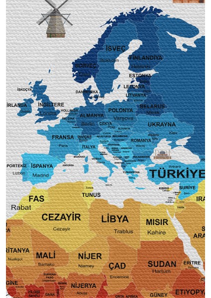 Duvar Örtüsü Bayrak Detaylı Türkçe Güncel Dünya Haritası Kanvas Duvar Halısı 4047