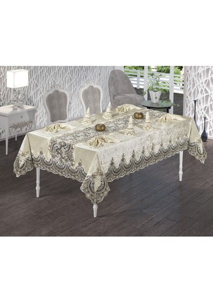 Zümrüt 12 Peçeteli Kadife Kumaş Fransız Güpürlü 25 Parça Lüks Yemek Takımı