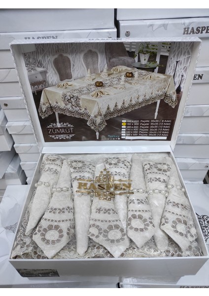 Zümrüt 12 Peçeteli Kadife Kumaş Fransız Güpürlü 25 Parça Lüks Yemek Takımı modelleri