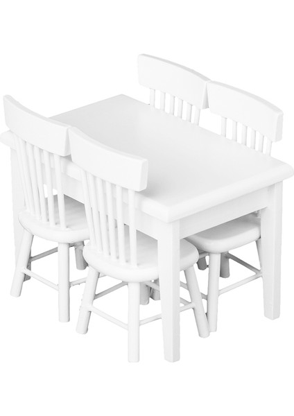F Fityle Yeni 1:12 Dollhouse Ahşap Mobilya Modeli Set Mini Yemek Masası + 4 Sandalye Beyaz (Yurt Dışından)