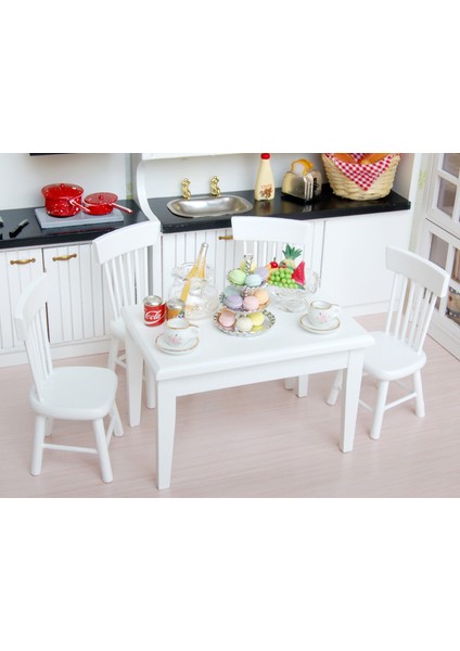 F Fityle Yeni 1:12 Dollhouse Ahşap Mobilya Modeli Set Mini Yemek Masası + 4 Sandalye Beyaz (Yurt Dışından)