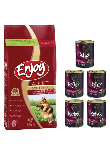 Kuzu Etli Köpek Maması 15 kg + 5 Adet Reflex Plus Konserve Köpek Mama 400 gr