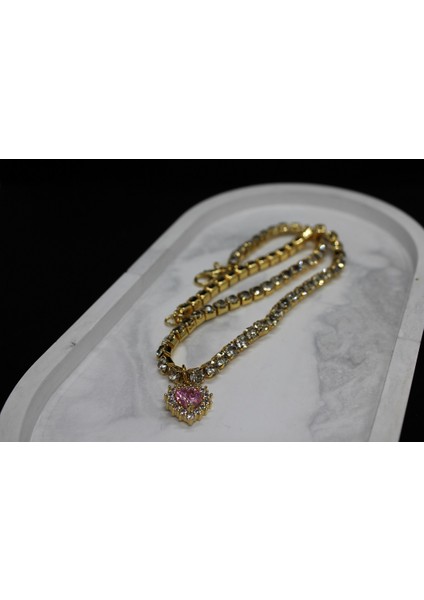 Pembe Zırkon Kalp Tas Zırkon Chocker Kolye