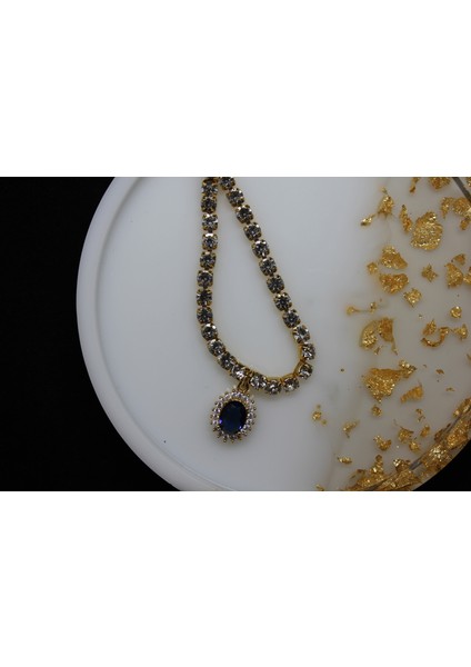Mavı Zırkon Yuvarlak Tas Uc ve Zırkon Chocker Kolye