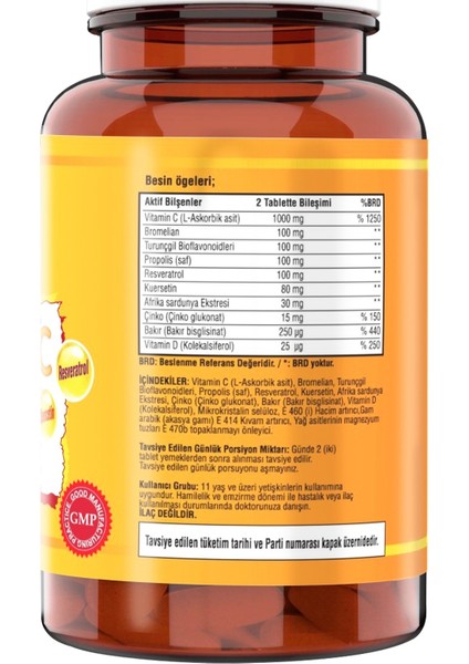 Vitamin C Çinko Propolis Vitamin D Resveratrol 60 Tablet