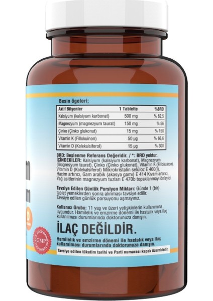 Kalsiyum Magnezyum Taurat Çinko 120 Tablet Vitamin D & K fiyatları