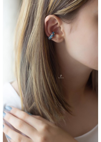 Yıldızlı Firuze Mavi Taşlı Kalın Halka Kıkırdak Küpe-Rose