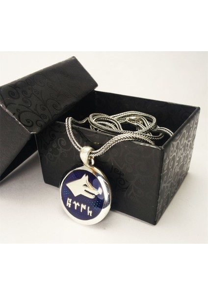 Göktürkçe Türk Yazılı Lacivert Mineli Bozkurt Gümüş Erkek Kolye Zincir