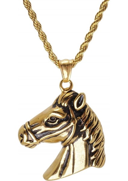 At Kafası Çelik Erkek Kolye Zincir Altın Rengi