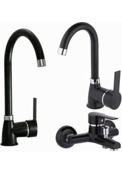 Siyah Mutfak Lavabo Banyo Set (Gümüş Ara), 3 Parça