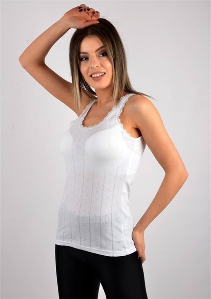 Kadın 6'lı Paket Jakarlı (Nefes Aldıran) Kalın Askılı Atlet (Beyaz)