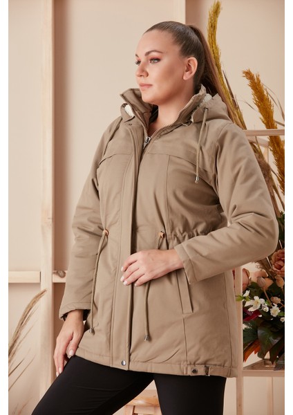 Bel Bağcık Detaylı Kapşonlu Büyük Beden Vizon Kaban fiyatları