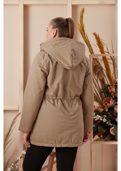 Bel Bağcık Detaylı Kapşonlu Büyük Beden Vizon Kaban modelleri