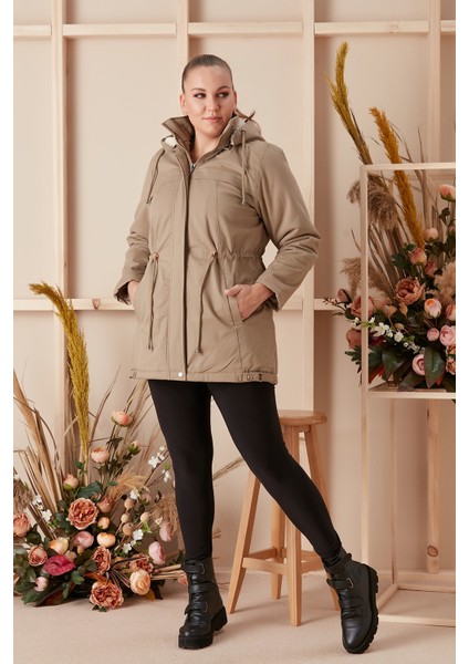 Bel Bağcık Detaylı Kapşonlu Büyük Beden Vizon Kaban fırsatları