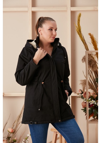Bel Bağcık Detaylı Kapşonlu Büyük Beden Siyah Kaban fiyatları
