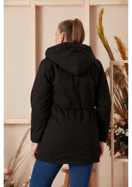 Bel Bağcık Detaylı Kapşonlu Büyük Beden Siyah Kaban fırsatları