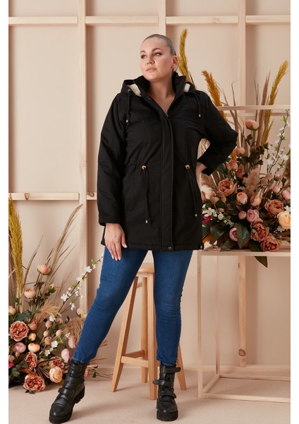 Bel Bağcık Detaylı Kapşonlu Büyük Beden Siyah Kaban indirimleri