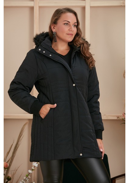 Büyük Beden Kapşonlu Siyah Kaban modelleri