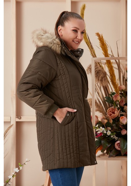 Büyük Beden Kapşonlu Haki Kaban fırsatları