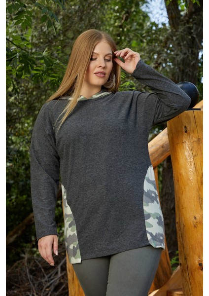 Kamuflaj Garnili Büyük Beden Füme Sweatshirt