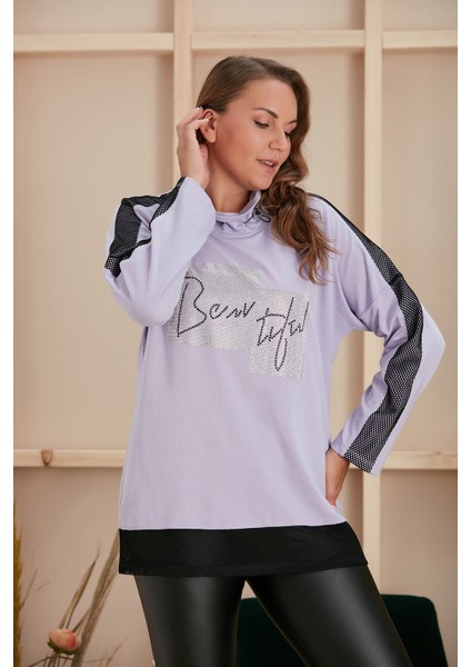 Taş Baskılı Kollar File Detaylı Lila Büyük Beden Sweatshirt