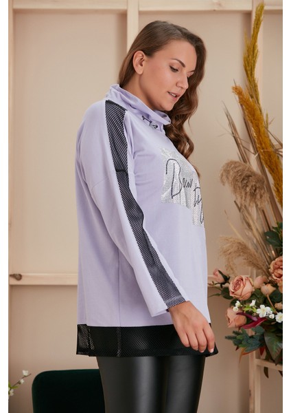 Taş Baskılı Kollar File Detaylı Lila Büyük Beden Sweatshirt