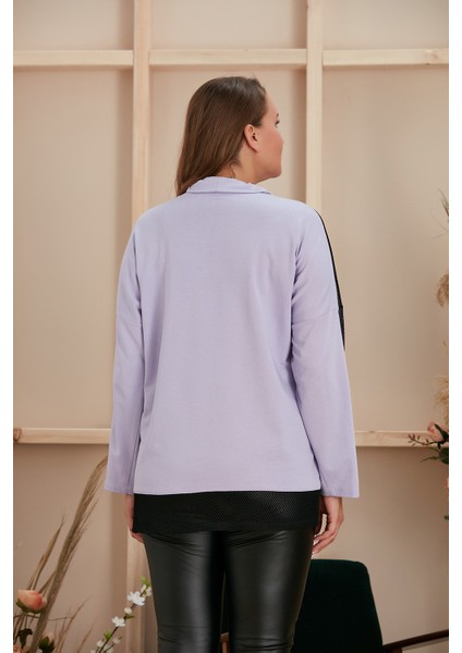 Taş Baskılı Kollar File Detaylı Lila Büyük Beden Sweatshirt