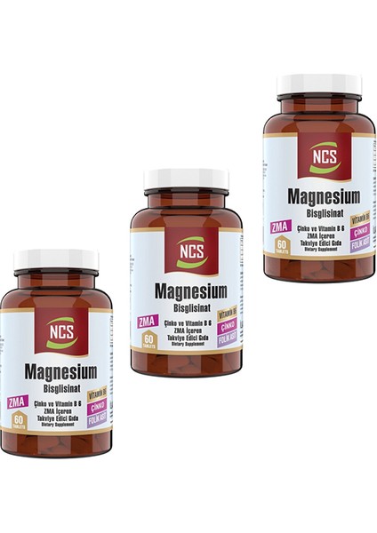 Zma Magnesium Bisglisinat Çinko Vitamin B 6 60 Tablet 3 Kutu