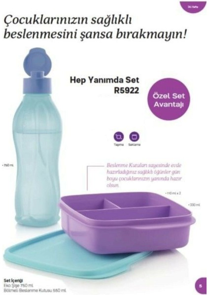 Eko Şişe Suluk 750 ml Kolay Kapak ve Bölmeli Beslenme Kutusu 550 ml Set