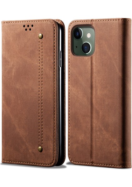 iPhone 13 Için Retro Kot Deri Flip Cüzdan Standlı Kılıf Kapaklı (Yurt Dışından)