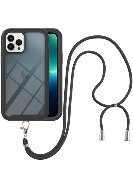 iPhone 13 Pro Max Için Şeffaf Bumper Shockproof Ayarlanabilir Çapraz Askılı Askılı Tam Koruma Kılıf Kapaklı Siyah (Yurt Dışından)