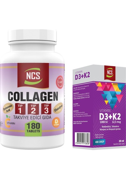 Kollajen Tip 1-2-3 Vitamin 180 Tablet & Vitamin D3 K2 Damla