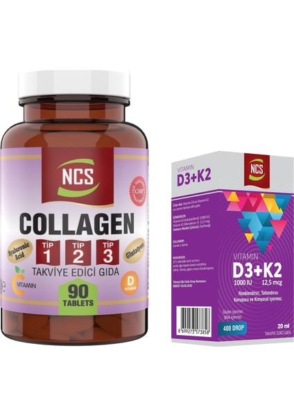 Kollajen Tip 1-2 -3 Vitamin C 90 Tablet & Vitamin D3 K2 Damla