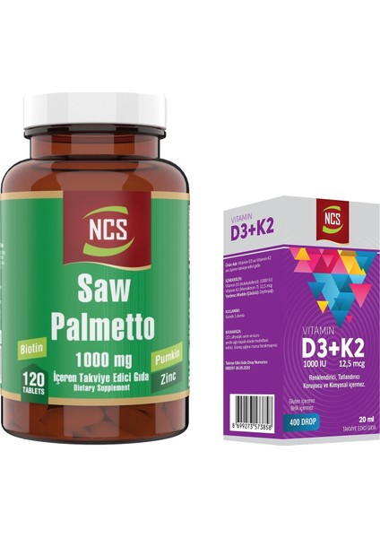 Saw Palmetto Biotin Zinc 120 Tablet & Vitamin D3 K2 Damla