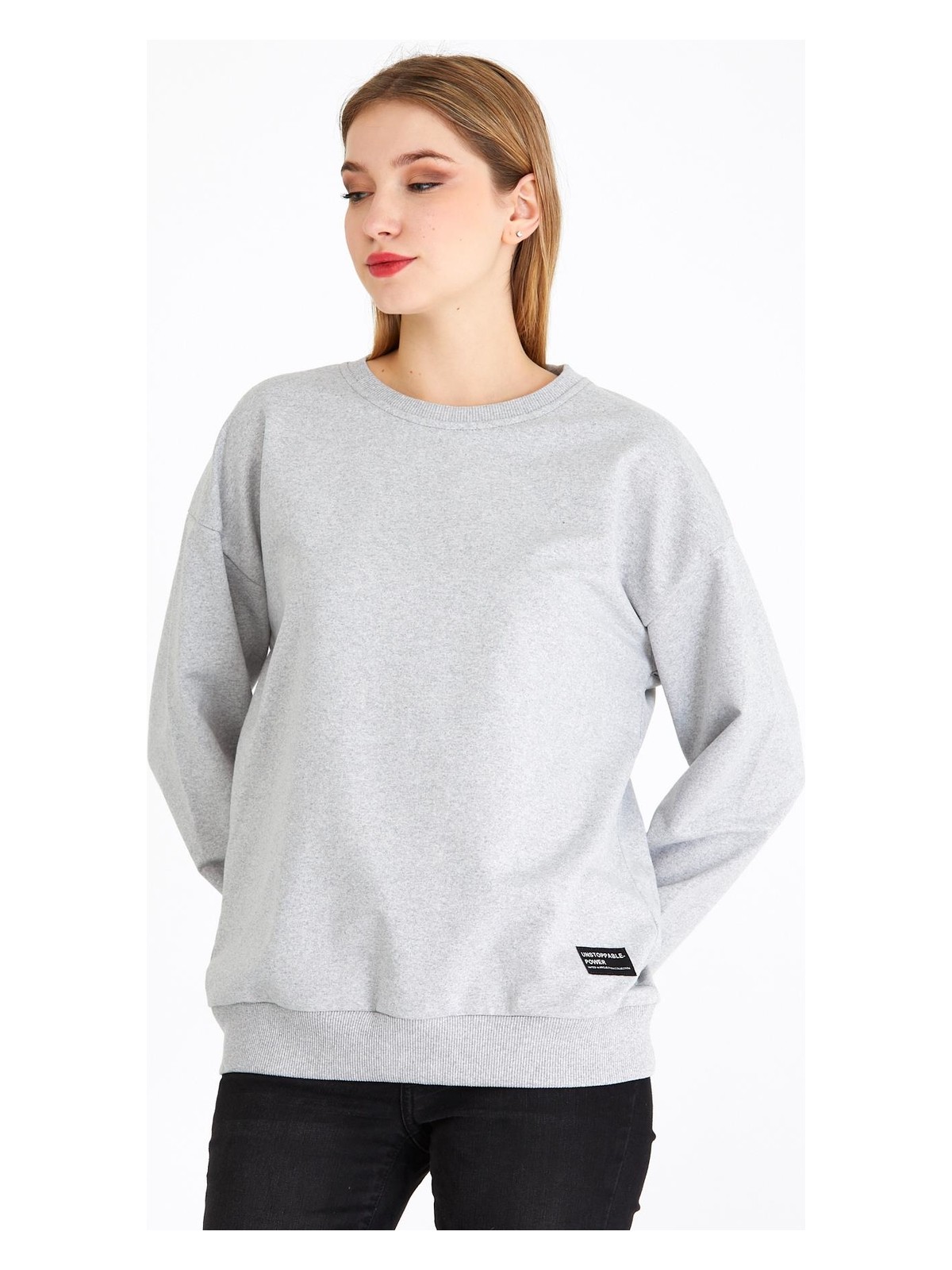 Mmetalic Kadın Bej Renk Basic Bisiklet Yaka Sweatshirt - Görsel 4